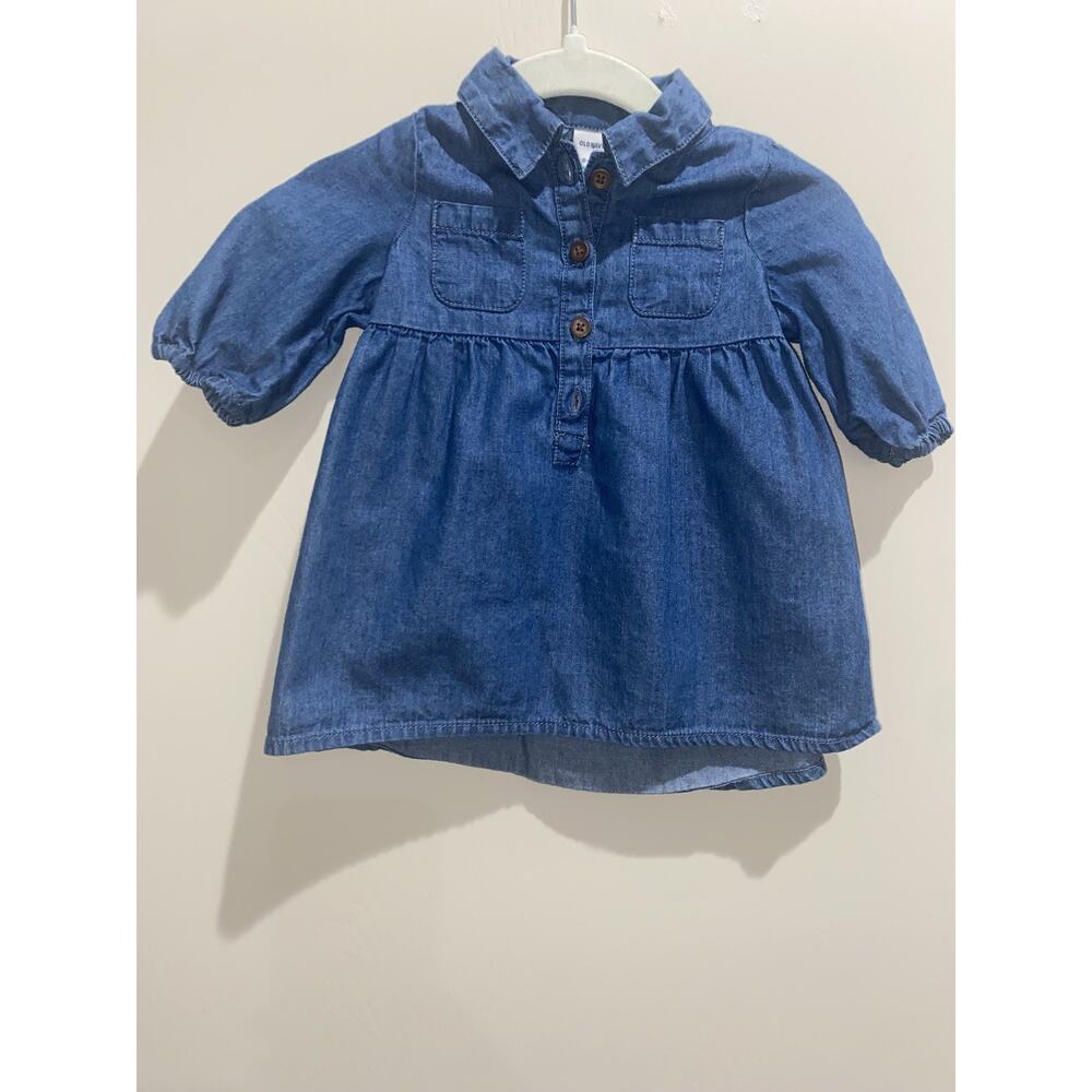 OLD NAVY 0-3 Months Baby Girl Jean Denim Shirt Dress Pockets Faux Waist Tie